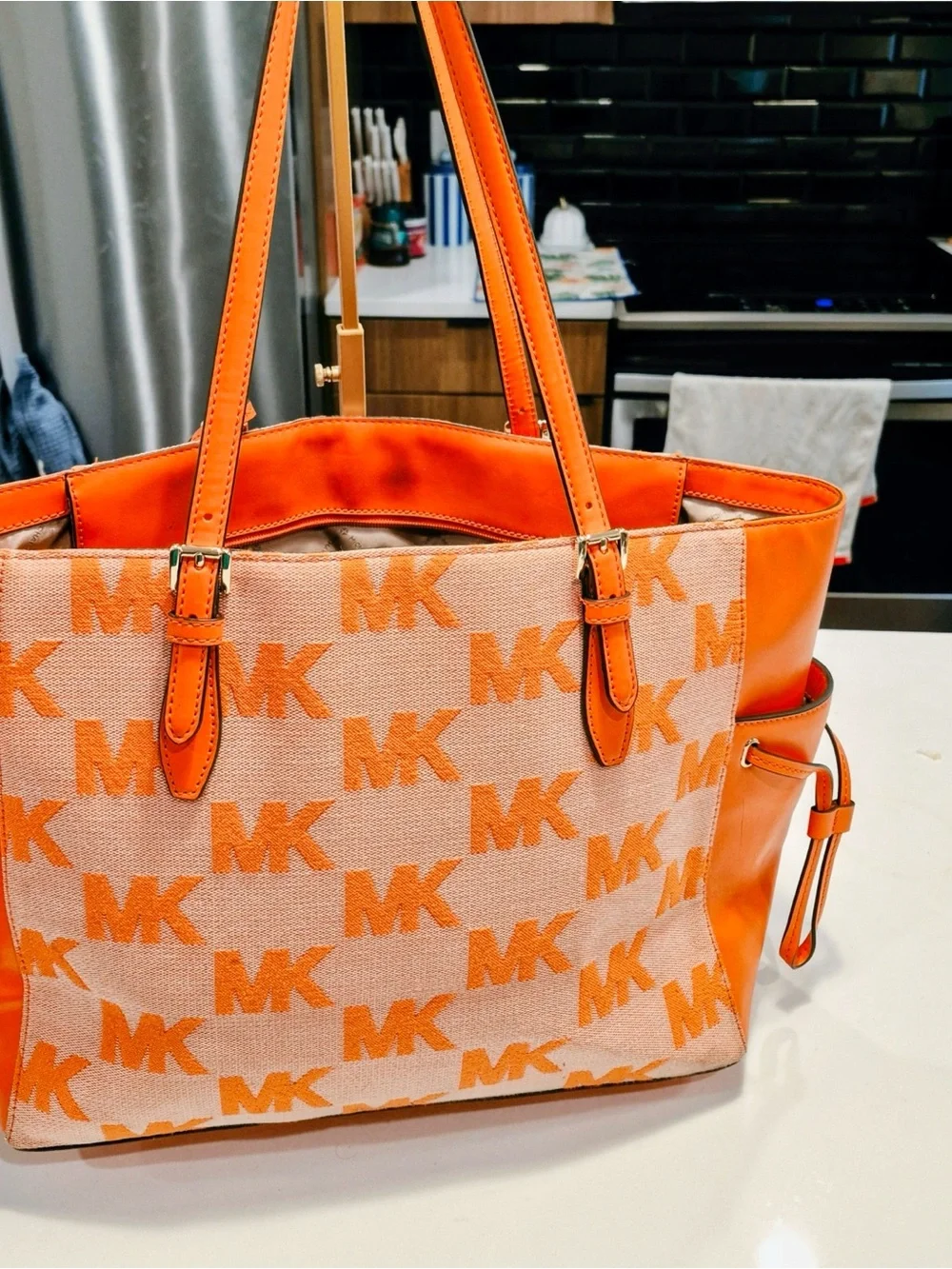 MICHAEL KORS Orange MK Logo Canvas Tote with Leather Trim
